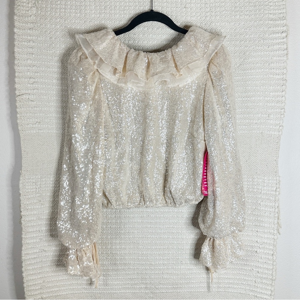ANTONIO MELANI cream sequin puff sleeve ruffled blouse top S NEW